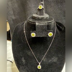Green Peridot Halo Necklace 20” & Size 7 Ring & Stud Earrings Set in 925 Silver